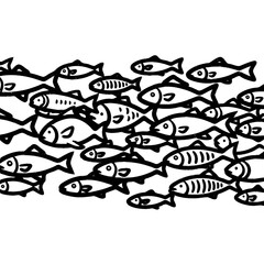 Naklejka premium Fish swimming in a line: A minimalist illustration of a school of fish swims together creating a harmonious line