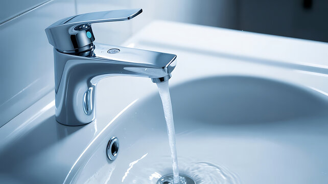 Closeup of a chrome bathroom faucet with water flowing into a white sink