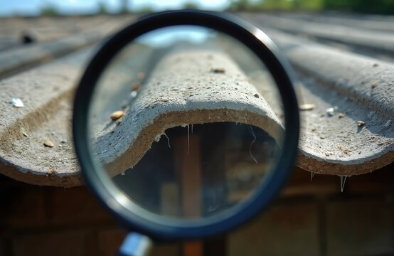 Magnifying glass inspects wavy asbestos roof sheets. Close up shows worn texture, dust particles, and hazardous fibers. Building material poses health risks, requires removal.