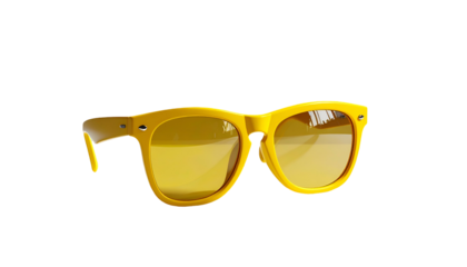 A vibrant pair of yellow-framed eyewear with tinted lenses rests against a stark black background, emphasizing their sunny hue