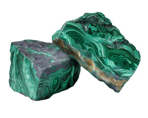 Natural malachite stone formations with layered swirling texture Isolated on a transparent background