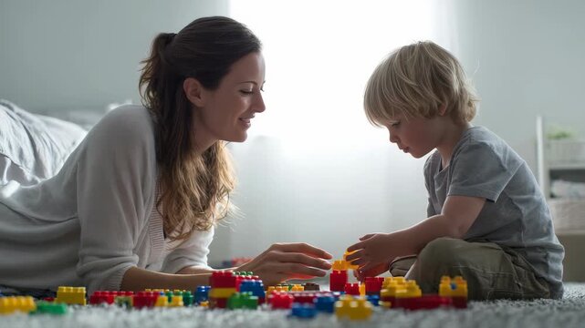 A smiling mother and her little boy enjoy quality time building with plastic blocks on the floor, surrounded by natural light. This image highlights family connection and early childhood development
