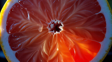 Closeup view of a sliced red grapefruit with vibrant segments and juicy droplets citrus