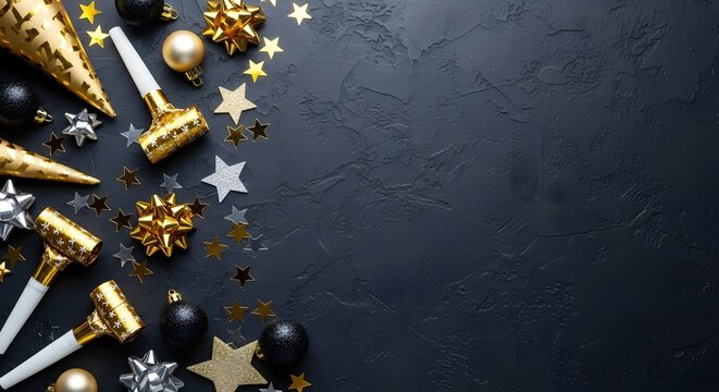 Festive new year's eve party decorations featuring gold and black ornaments, horns, and confetti - Powered by Adobe