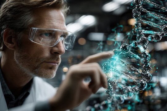 A focused scientist examines a glowing holographic DNA helix, capturing precision and discovery in advanced genomic research and analysis. - Powered by Adobe