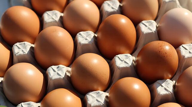Closeup view of brown eggs in a white cardboard carton with visible texture and reflections egg carton