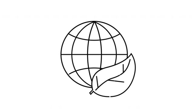 Globe with grid lines and a single leaf in the lower right corner all in black outline on a white background