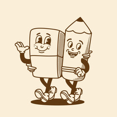 mascot character pencil and eraser with retro style good for brand mascot, school mascot, etc