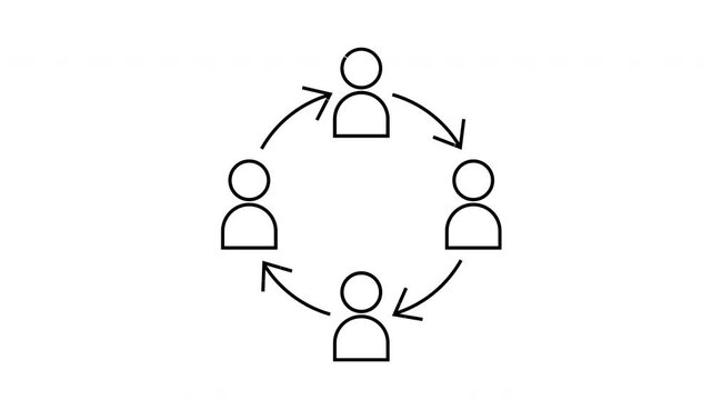 Four outline figures in a circle with arrows between them suggest rotation