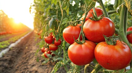 Ripe red tomatoes hang heavy on the vine at sunset across a long cultivated field row