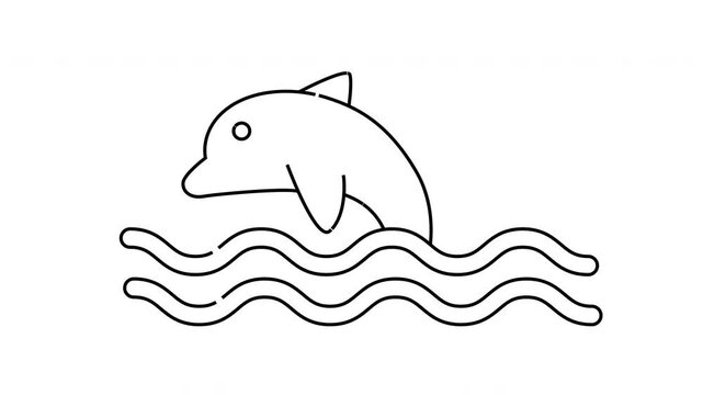 Dolphin jumping from stylized waves black outline on white