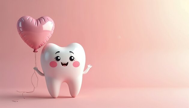 Cute cartoon tooth character holding pink heart balloon on pastel background. Friendly tooth waves, smiles, radiates joy. For dental, Valentine, healthcare themes.