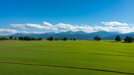 Obraz premium Green golf course with distant mountains under a blue sky with scattered clouds green grass