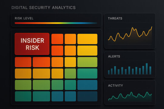 Sleek dark mode digital security analytics dashboard displaying colorful risk gradient. user interface highlights serious threat, pinpointing insider risk with red hotspot