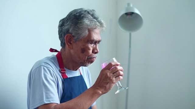 Thoughtful elderly man with grey hair sips vibrant drink from stemmed glass wearing an apron