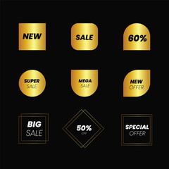 golden tag collection featuring sale and new labels. Includes red scrolls, banners, discount ribbons, shopping tags, and promotional icons.