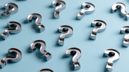 Metallic question marks scattered on a light blue background, creating a visually engaging pattern that symbolizes curiosity and inquiry