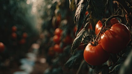 Ripe red produce hangs heavily from dark green foliage inside a dimly lit agricultural setting