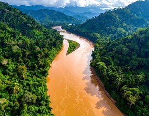 Aerial view of a winding brown river through lush green valley