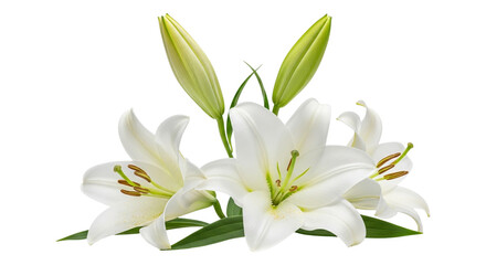 Beautiful cluster of white oriental lilies with unopened buds and green leaves isolated on transparent background
