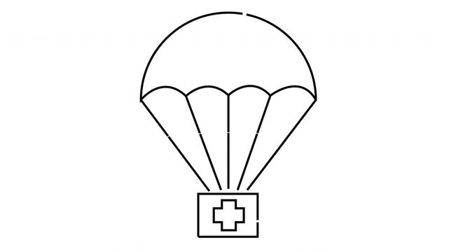 Black line art of a parachute carrying a square package with a medical cross
