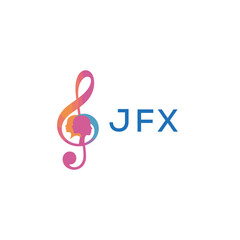 Fototapeta premium “Creative music logo with human silhouettes and treble clef in gradient colors, JFX Later Logo, modern artistic design isolated on white background” 