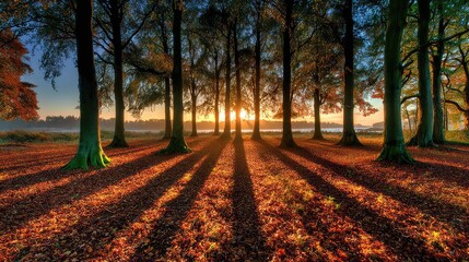 Fototapeta premium Sunbeams pierce through trees onto an autumn forest floor.