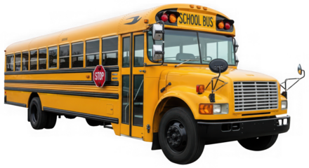 Traditional yellow school bus for student transportation, parked and isolated on transparent background