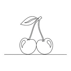Minimalist Cherry Fruit with Stem and Leaf Line art Illustration. Fruit Sketch
