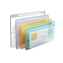 Floating 3D browser window mockup with blank interface layers Isolated on a transparent background