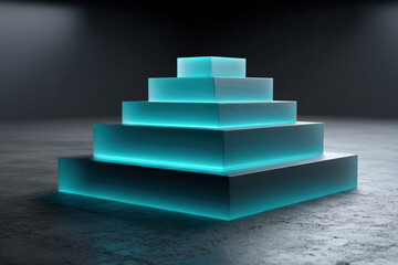 Glowing turquoise geometric blocks form a tapered abstract funnel on black floor