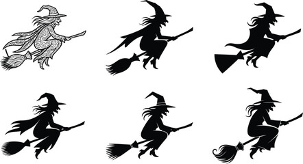 Flying witch silhouette illustration, Halloween magic character on broomstick with hat cloak, spooky fantasy artwork, flat vector © Yeasin