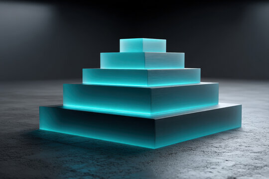 Glowing turquoise geometric blocks form a tapered abstract funnel on black floor - Powered by Adobe