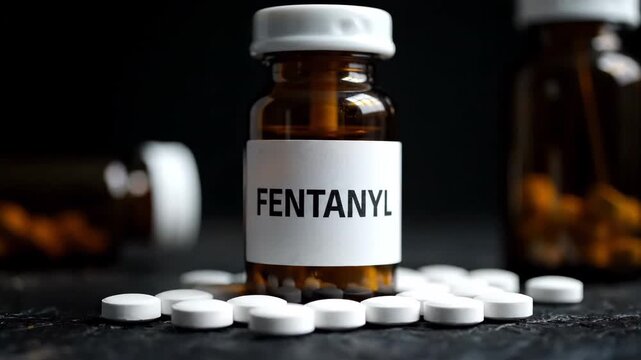 Close-up of a fentanyl labeled bottle surrounded by white pills on a dark, textured surface, highlighting the opioid crisis.