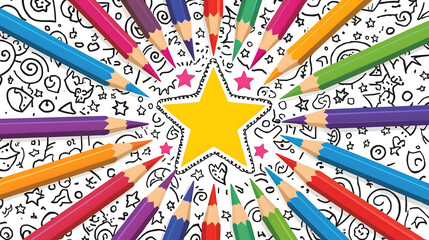 Colorful pencil radial illustration forming star shape, creative education background with vibrant art supplies, playful design for learning, kids creativity and fun concept
