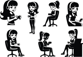 Gamer girl with headset, controller, smartphone, computer, streaming, gaming lifestyle, cartoon character illustration, flat vector