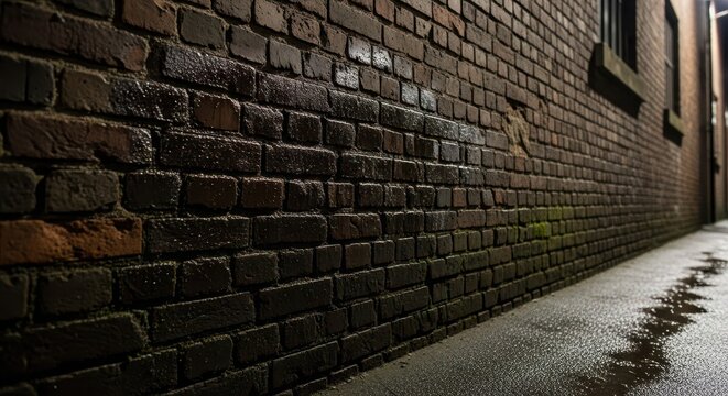 Wet, dark brick wall looms over a damp alleyway pavement at night