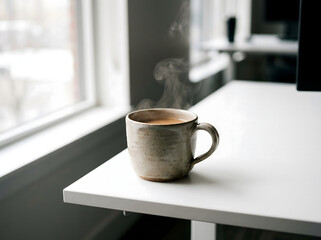 Taza de caf&eacute; humeante en un escritorio moderno