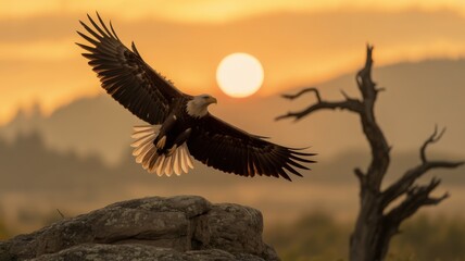 Soaring Eagle at Sunrise: An majestic bald eagle ascends gracefully against a golden sunlit backdrop, embodying freedom and strength. The sun bathes the scene in warm hues.