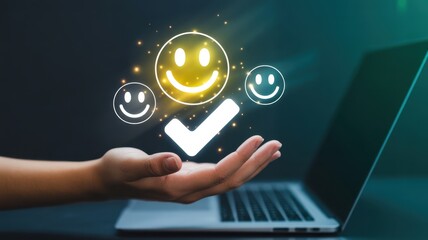 Digital Affirmation: A hand tenderly presents a checkmark amidst glowing emoticons, symbolizing positive feedback, satisfaction, and approval on a laptop screen.