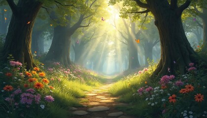 Sunlit forest path with colorful flowers and butterflies. Tall trees frame a bright glade, inviting exploration into nature. Verdant grass carpets the woodland floor.