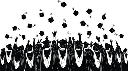 Graduation celebration silhouette, students throwing caps, academic achievement moment, university ceremony illustration, successful graduates celebrating, education milestone artwork scene