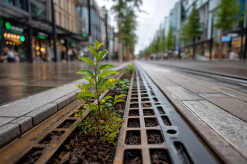 Fototapeta premium Close-up of metal tree grate with rainwater channel on modern urban sidewalk