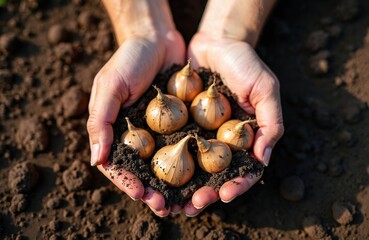 Hands hold small bulbs over rich soil, preparing for spring planting. Gardeners nurture growth, starting crops from seeds in fertile ground. Cultivation begins now for future harvest.