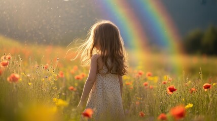 Child's dream with Rainbow in Field: A young child with flowing hair stands amidst a vibrant field of flowers, bathed in sunlight. A brilliant rainbow arcs gracefully across the sky.