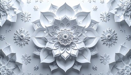 Complex paper cut mandala pattern made of stylized winter snowflakes.