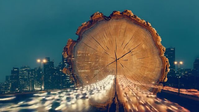 Urban Grain: A conceptual image illustrating the juxtaposition of nature and urbanization, showing a cross-section of a tree trunk with the bustling city skyline within.