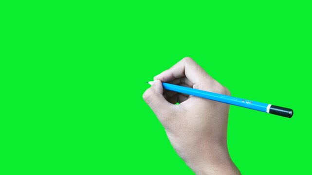 Hand gesture marking multiple choice answer with 2B pencil on chroma key background