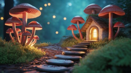 Enchanted mushroom House: A magical, whimsical scene unfolds featuring a mushroom house nestled amidst giant mushrooms in a mystical forest, creating a dreamlike, fairy tale atmosphere. 