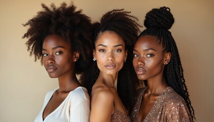 Obraz premium Three elegant women with natural curly hairstyles pose closely together, showcasing diverse beauty and confidence in a studio setting. They represent modern femininity and ethnic pride.